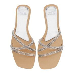 ZARA RHINESTONE FLAT SANDALS SILVER | 3822/910 Size 8 25.3 Cm